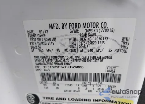 2013 Ford F-150 Platinum z USA, uszkodzony, nr VIN 1FTFW1E67DFB26886